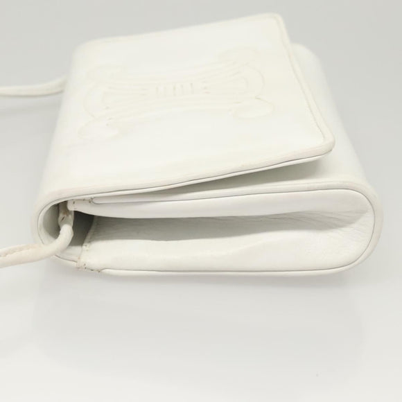 CELINE Shoulder Bag Leather White Gold Auth BA2447