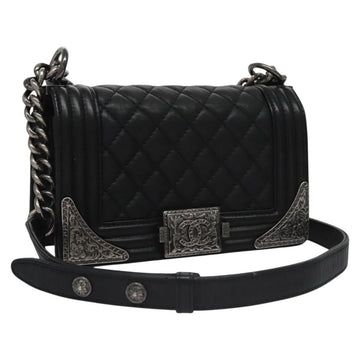 CHANEL Chain Matelasse Boy Chanel Shoulder Bag Lamb Skin Black CC Auth BA244S