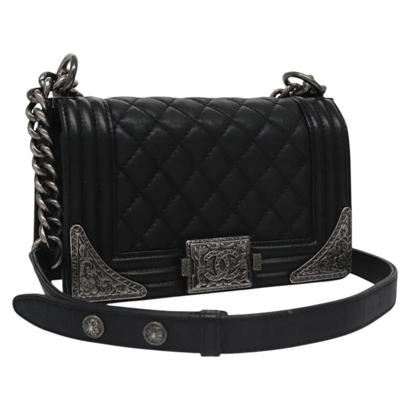 CHANEL Chain Matelasse Boy Chanel Shoulder Bag Lamb Skin Black CC Auth BA244S