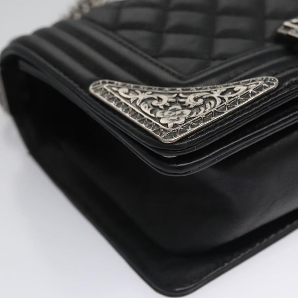 CHANEL Chain Matelasse Boy Chanel Shoulder Bag Lamb Skin Black CC Auth BA244S