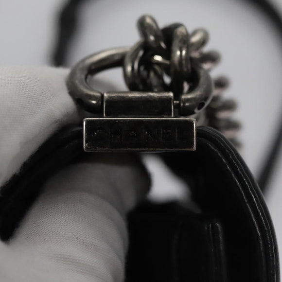 CHANEL Chain Matelasse Boy Chanel Shoulder Bag Lamb Skin Black CC Auth BA244S