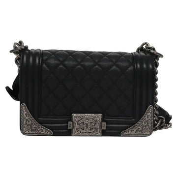 CHANEL Chain Matelasse Boy Chanel Shoulder Bag Lamb Skin Black CC Auth BA244S - 0