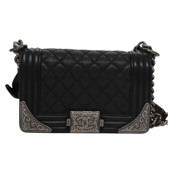 CHANEL Chain Matelasse Boy Chanel Shoulder Bag Lamb Skin Black CC Auth BA244S