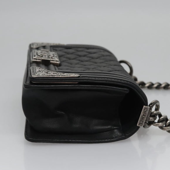 CHANEL Chain Matelasse Boy Chanel Shoulder Bag Lamb Skin Black CC Auth BA244S