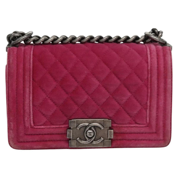 CHANEL Chain Boy Chanel Matelasse Shoulder Bag Velor Pink CC Auth BA245