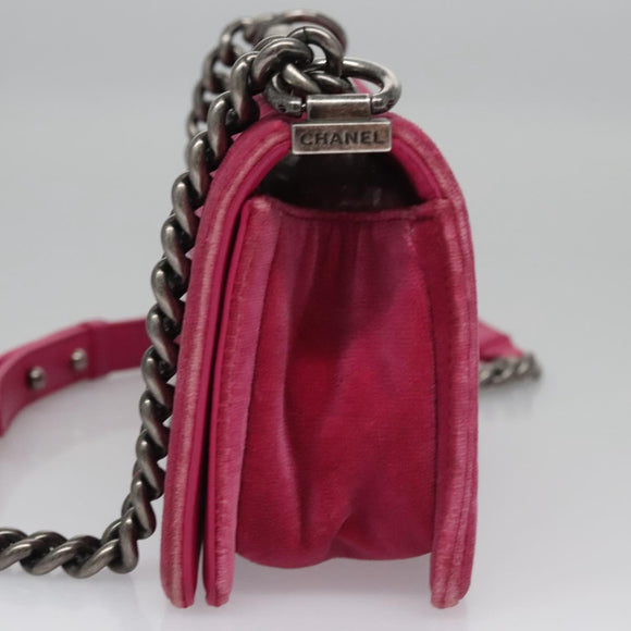 CHANEL Chain Boy Chanel Matelasse Shoulder Bag Velor Pink CC Auth BA245