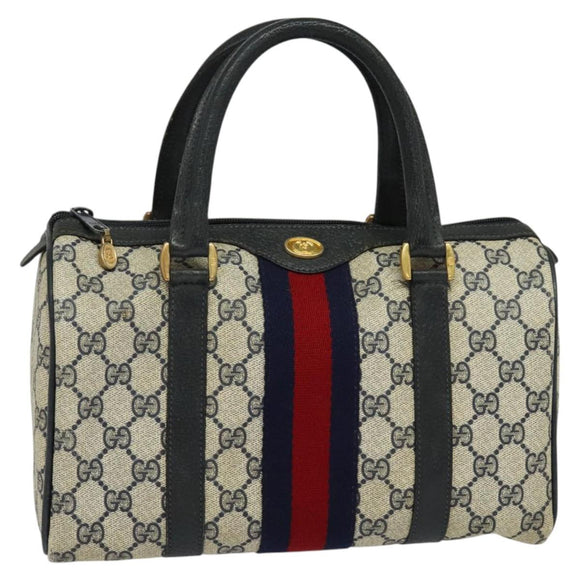 GUCCI GG Supreme Sherry Line Boston Bag PVC Navy Gold Red 40 02 006 Auth BA2453