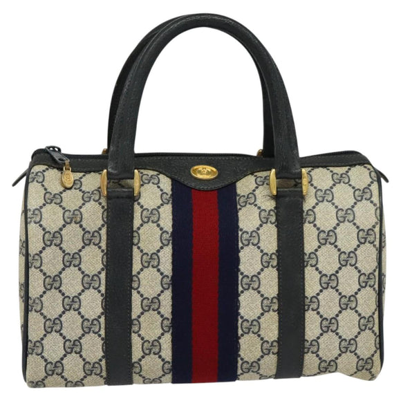 GUCCI GG Supreme Sherry Line Boston Bag PVC Navy Gold Red 40 02 006 Auth BA2453