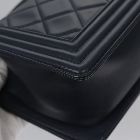 CHANEL Chain Matelasse Boy Chanel Shoulder Bag Lamb Skin Navy CC Auth BA246AM