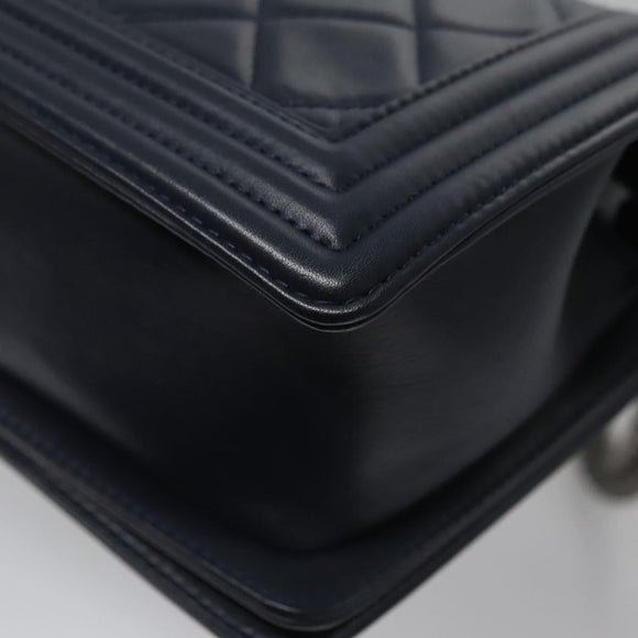 CHANEL Chain Matelasse Boy Chanel Shoulder Bag Lamb Skin Navy CC Auth BA246AM