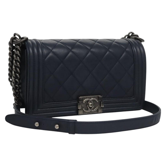 CHANEL Chain Matelasse Boy Chanel Shoulder Bag Lamb Skin Navy CC Auth BA246AM