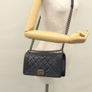 CHANEL Chain Matelasse Boy Chanel Shoulder Bag Lamb Skin Navy CC Auth BA246AM-25