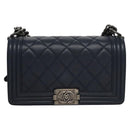 CHANEL Chain Matelasse Boy Chanel Shoulder Bag Lamb Skin Navy CC Auth BA246AM-13