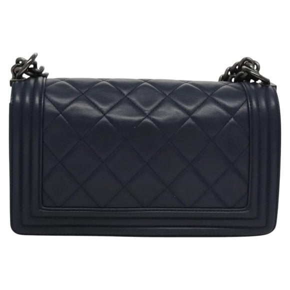 CHANEL Chain Matelasse Boy Chanel Shoulder Bag Lamb Skin Navy CC Auth BA246AM