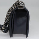 CHANEL Chain Matelasse Boy Chanel Shoulder Bag Lamb Skin Navy CC Auth BA246AM-3