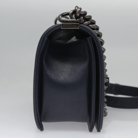 CHANEL Chain Matelasse Boy Chanel Shoulder Bag Lamb Skin Navy CC Auth BA246AM