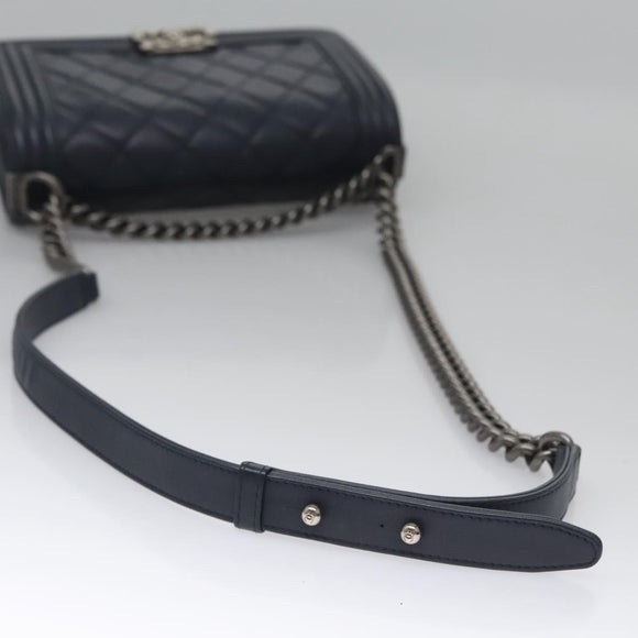 CHANEL Chain Matelasse Boy Chanel Shoulder Bag Lamb Skin Navy CC Auth BA246AM
