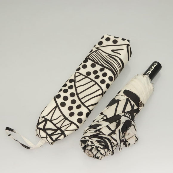 CHANEL Folding Umbrella Nylon White Black CC Auth BA2522
