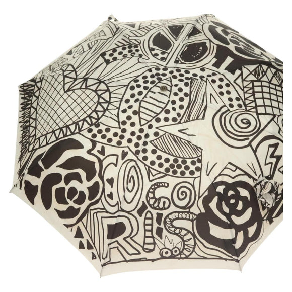 CHANEL Folding Umbrella Nylon White Black CC Auth BA2522