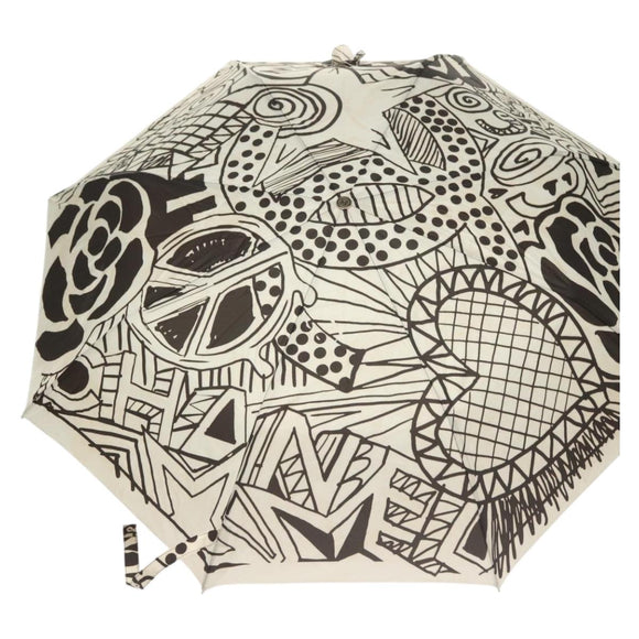 CHANEL Folding Umbrella Nylon White Black CC Auth BA2522