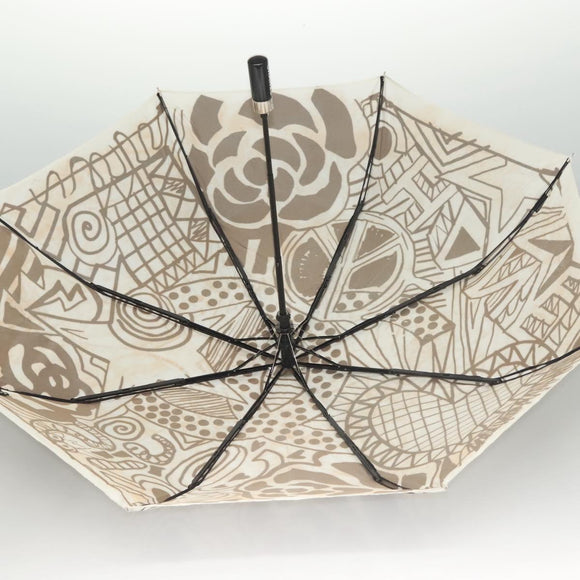 CHANEL Folding Umbrella Nylon White Black CC Auth BA2522