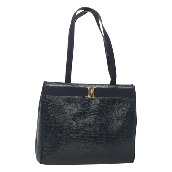 Salvatore Ferragamo Shoulder Bag Leather Navy Gold Auth BA2523