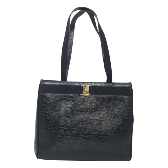 Salvatore Ferragamo Shoulder Bag Leather Navy Gold Auth BA2523