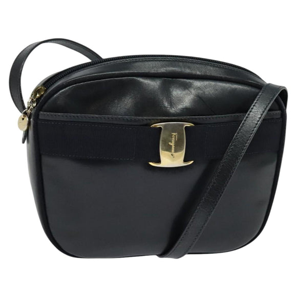 Salvatore Ferragamo Shoulder Bag Leather Navy Gold Auth BA2525