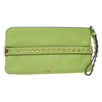 VALENTINO Studs Clutch Bag Leather Gold Light green Auth BA2541
