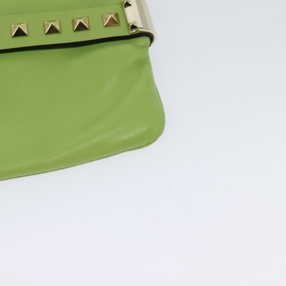 VALENTINO Studs Clutch Bag Leather Gold Light green Auth BA2541