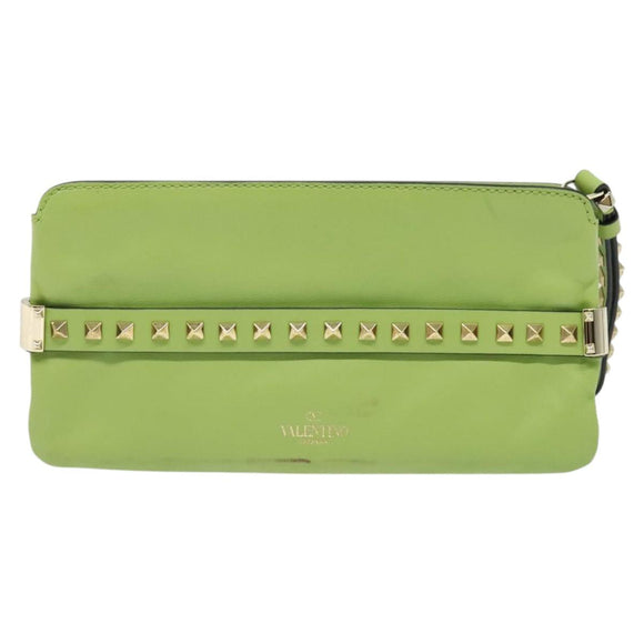 VALENTINO Studs Clutch Bag Leather Gold Light green Auth BA2541