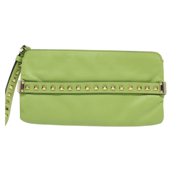 VALENTINO Studs Clutch Bag Leather Gold Light green Auth BA2541
