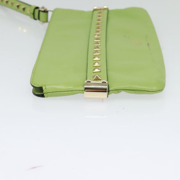 VALENTINO Studs Clutch Bag Leather Gold Light green Auth BA2541