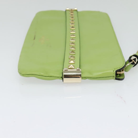VALENTINO Studs Clutch Bag Leather Gold Light green Auth BA2541