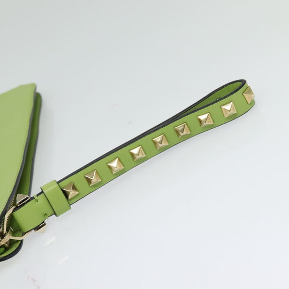 VALENTINO Studs Clutch Bag Leather Gold Light green Auth BA2541