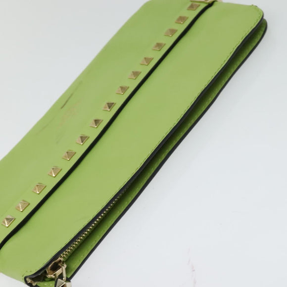 VALENTINO Studs Clutch Bag Leather Gold Light green Auth BA2541