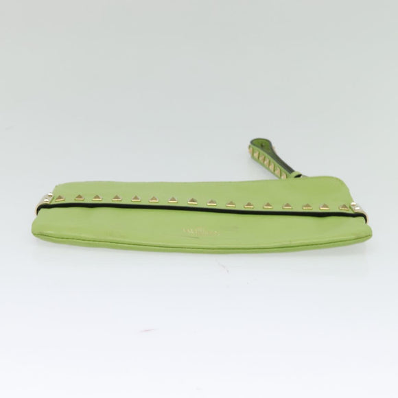 VALENTINO Studs Clutch Bag Leather Gold Light green Auth BA2541