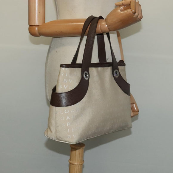 BVLGARI Logo Mania Tote Bag Canvas Beige Silver Auth BA2559