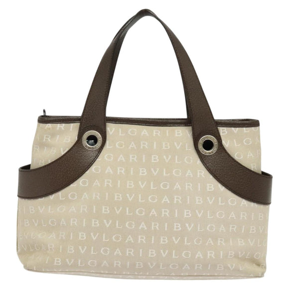 BVLGARI Logo Mania Tote Bag Canvas Beige Silver Auth BA2559