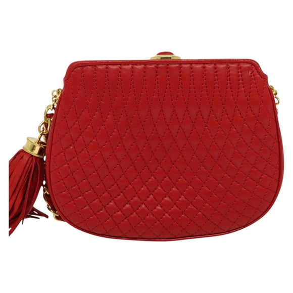 BALLY Chain Shoulder Bag Leather Red Gold Auth BA2568