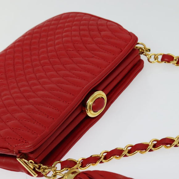 BALLY Chain Shoulder Bag Leather Red Gold Auth BA2568