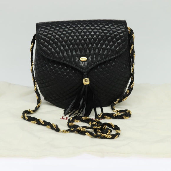BALLY Chain Shoulder Bag Leather Black Gold Auth BA2569