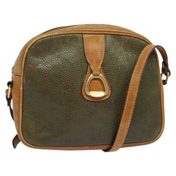 CELINE Shoulder Bag Leather Khaki Gold Auth BA2573