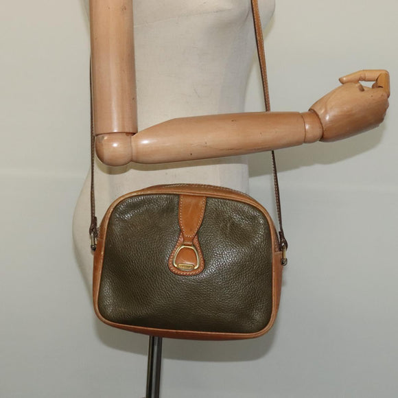 CELINE Shoulder Bag Leather Khaki Gold Auth BA2573