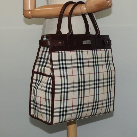 BURBERRY Nova Check Hand Bag Canvas Beige Silver Auth BA2588
