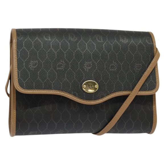 Christian Dior Honeycomb Canvas Shoulder Bag PVC Black Gold Auth BA2589