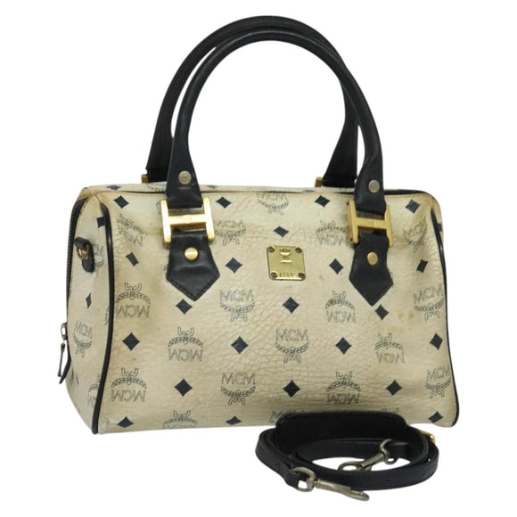 MCM Logogram Vicetos Hand Bag PVC Leather 2way White Gold Auth BA2592