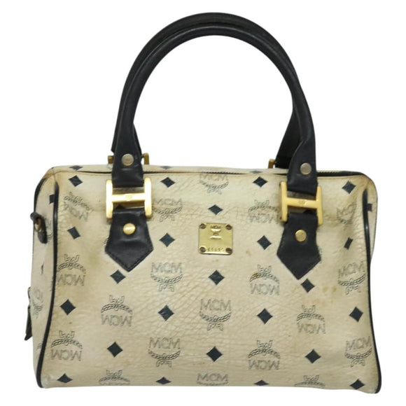 MCM Logogram Vicetos Hand Bag PVC Leather 2way White Gold Auth BA2592