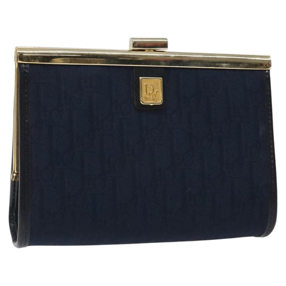 Christian Dior Trotter Canvas Pouch Navy Gold Auth BA2594