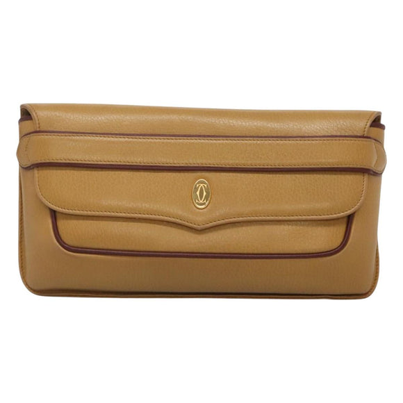 CARTIER Must Line Clutch Bag Leather Brown Gold Auth BA2622